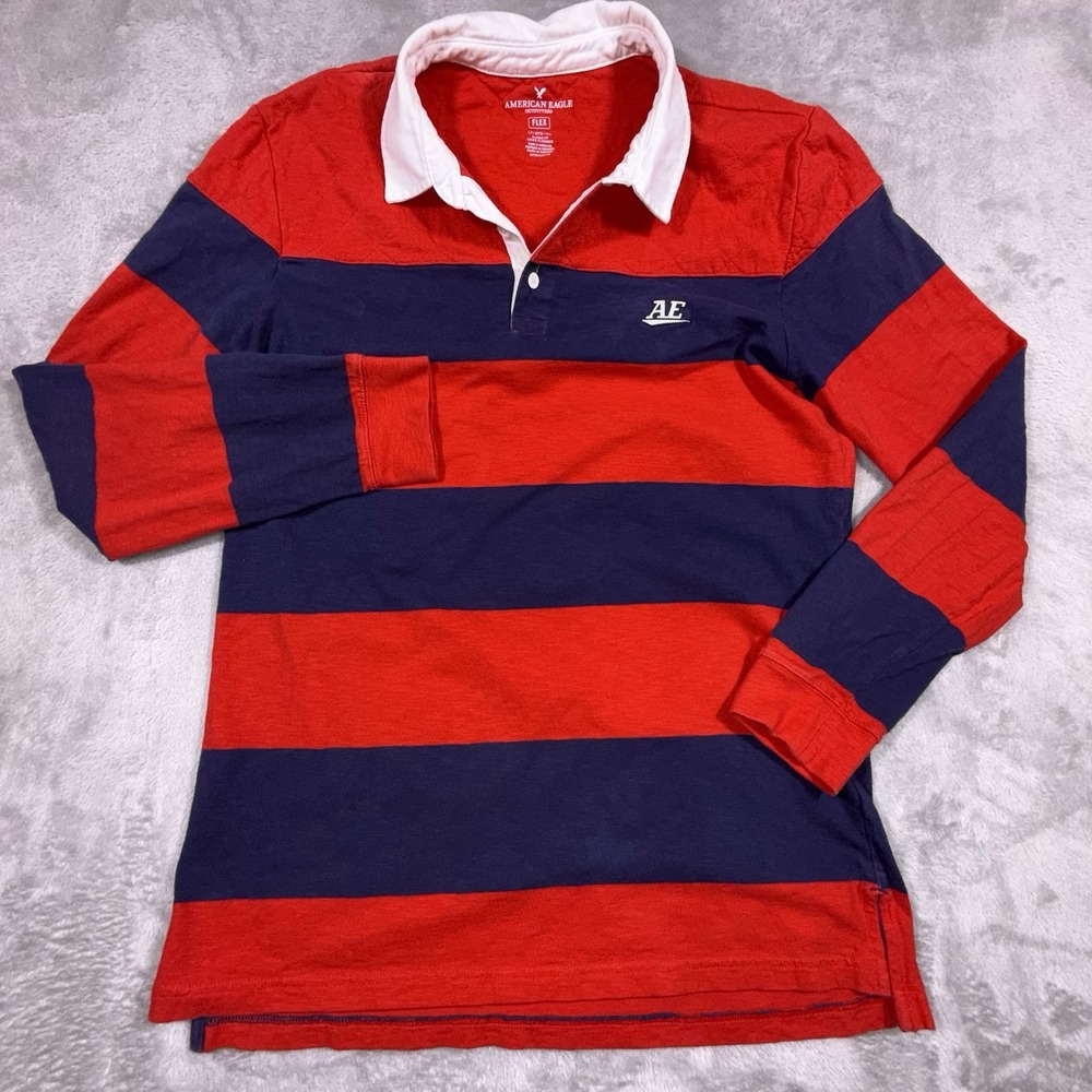 American Eagle Rugby Shirt Red Navy Blue Striped Long Sleeve Polo Mens Large Y2K